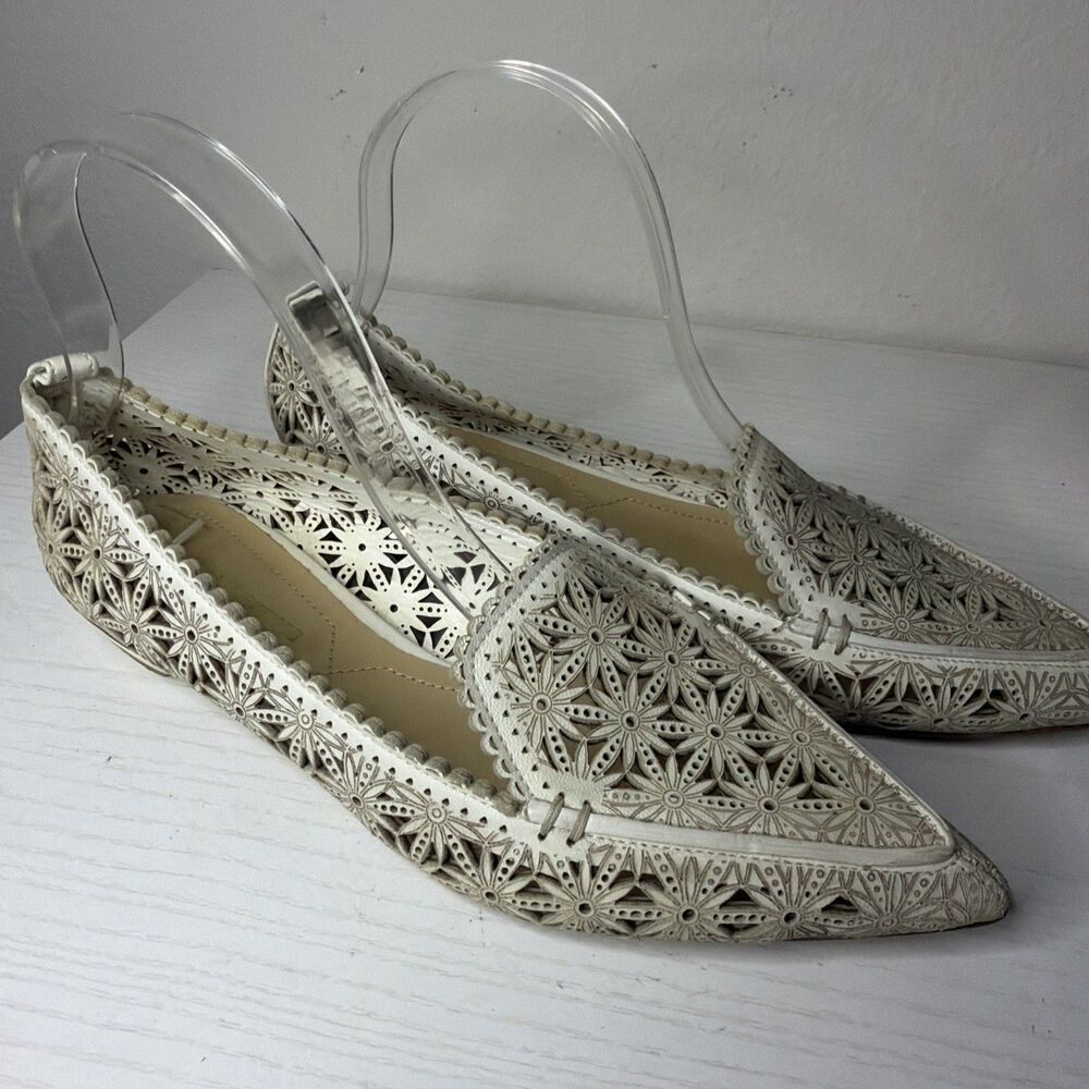 Nicholas Kirkwood 8 Ivory White Leather Laser Cut Loafers Pointed Flats EU 38.5